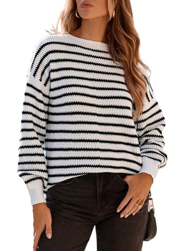 Image of Dokotoo Sweaters for Women Crewneck Long Sleeve Striped Color Block Loose Knit Pullover Sweater Tops