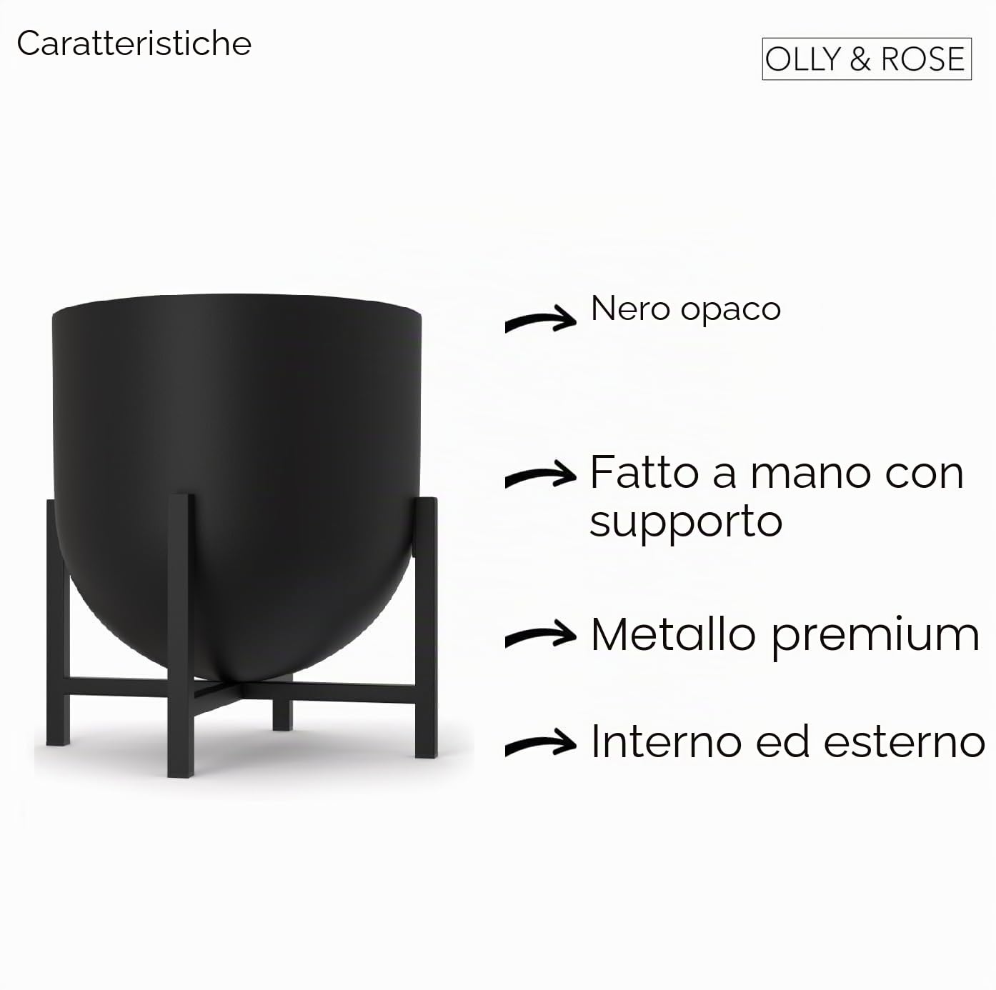 Fioriera con supporto, in metallo, per interni, grande, 22 cm (nero)