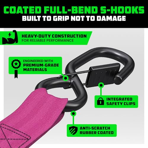 Image of Rhino USA Retractable Ratchet Straps (2-Pack) - 1 Inch x 10 Feet (1,209lb Break Strength) - Auto Self Retracting Tie Down Straps for Truck, Cargo Trailer, Motorcycle, ATV, UTV - Pink