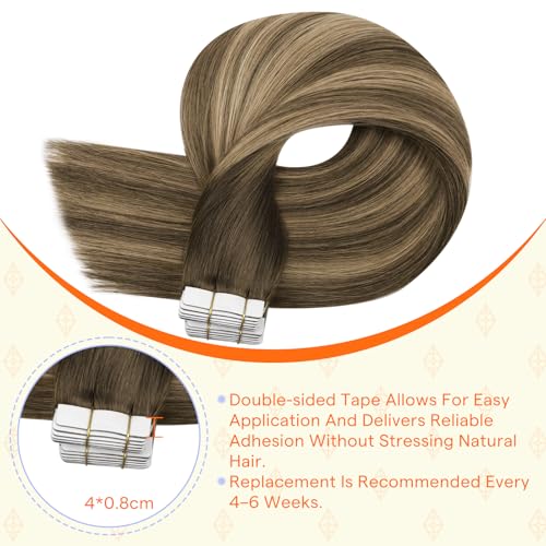 Image of Full Shine Tape in Hair Extensions Human Hair 18 Inch Color 4 Brown Fading 24 Honey Blonde and 4 Brown Genius Human Hair Tape in Extensions 20PCS Hand Tied Weft Soft and Silky 50g Add Volume