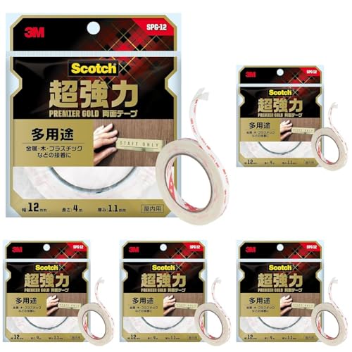 3M 両面テープ 超強力 多用途 幅12mm 長さ4m スコッチ SPG-12 セミロング プレミアゴールド (× 5)