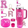 6PCS Hot Pink for Stanley Cup Accessories Set 30/40 OZ Bling Rhinestone Initials Charms for Stanley Decorations Tumbler Accessories Including Diamond Straw Topper, Spill StopperLetter K
