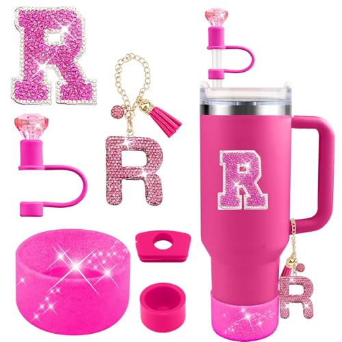 Hpebl 6PCS Hot Pink for Stanley Cup Accessories Set 30/40 OZ Bling Rhinestone Initials Charms for Stanley Decorations Tumbler Accessories Including Diamond Straw Topper, Spill Stopper（Letter T） - image 1