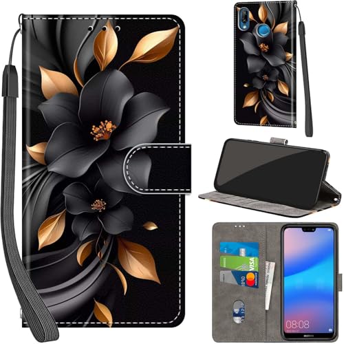 Handyhülle für Huawei P20 Lite Hüllen Premium Leder Case Klappbar Wallet Magnet Kartenfach Standfunktion Schutzhülle kompatibel mit Huawei P20 Lite Cover Blumen