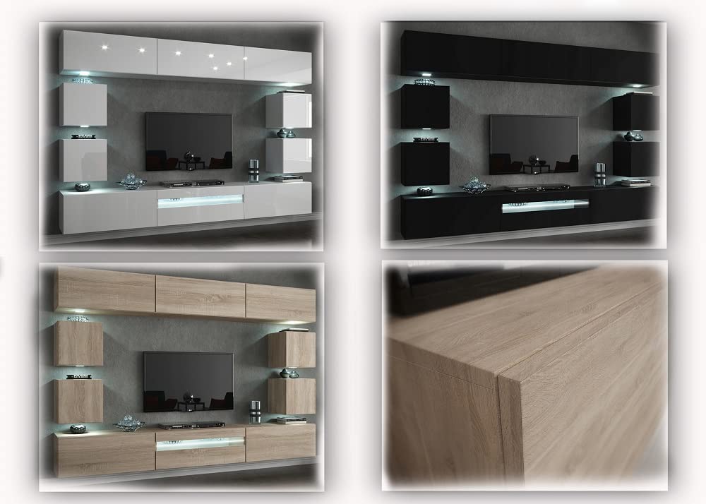 FURNITECH Wohnwand Wohnzimmer - LED Blau, Moderner Schrank mit Regalen und TV-Schrank