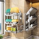 Dish Drainers Kitchen Wall-Mounted Stainless Steel Dish Rack Drain Rack with Drain Pan,Foldable Dish Rack,Cutting Boards,Utensil,Cutlery Holder,Plate Rack for Kitchen Counter,3-Tier Dish D