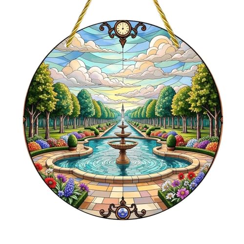 Acrylic Stained Panel Hanging-Formal Garden with Fountains and Blooms Round Window Hanging Ornament,Wall Art Panel for Indoor/Outdoor Decor,Gift,Birthday for Women, Men, Wife, Aunt, and Mom 7.8in