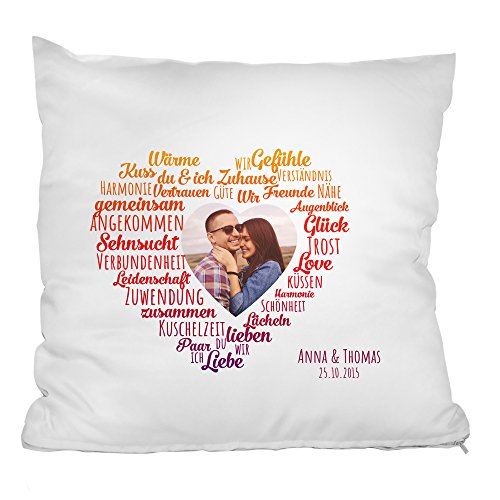 Personello® Fotokissen mit Herz Motiv, Kissen mit Foto, Namen und Datum (personalisierbar), Kissenbezug (40x40) mit Füllung, Geburtstagsgeschenk für die Freundin, Fotogeschenk, Geschenk zum Jahrestag