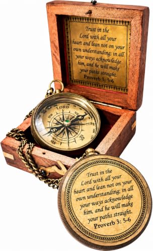 Brújula de latón grabada con Proverbios 3:5-6, Versículo bíblico, con caja de madera y cadena, regalo cristiano miniatura 1