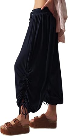 Womens Wide Leg Pants Adjustable Knot High Waist Sweatpants Casual Drawstring Loose Pants with Pockets