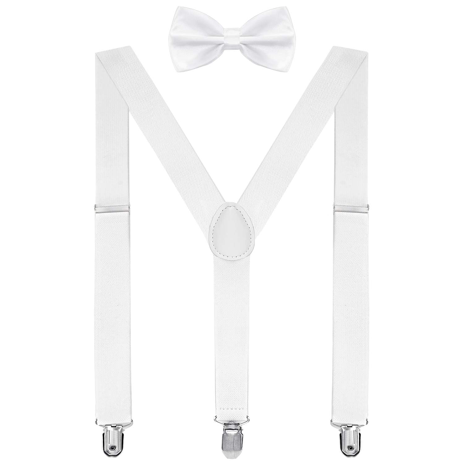 Solid Color Mens Suspender Bow Tie Set Clip On Y Shape Adjustable Braces (White)-image-23
