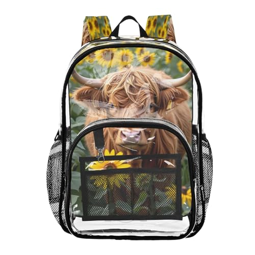 Clear Backpack for School Highland Cattle Sunflower Transparent Bookbag for Girls See Through PVC Boy Backpacks