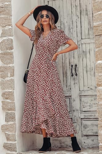 PRETTYGARDEN Women's Summer Maxi Dress Casual Wrap Floral Boho Short Sleeve V Neck Split Ruffle Beach Long Dresses