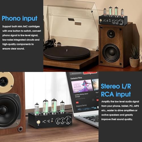 Phono Preamplificador de tubo de vacío con control de ganancia y perilla de volumen, compatible con reproductor de discos MM, RCA estéreo/3,5 mm para sistema de audio doméstico