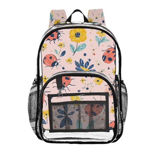 Kids PVC Clear Backpack Ladybugs Flowers Heavy Duty Multi-pockets Large Capacity Transparent See Through Bookbag for School Travel Sport Work