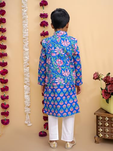 Image of The Mom Store Boys Printed Cotton Kurta Pajama Set With Jacket | Soft And Comfortable Ethnic Wear For Baby /Kids Boys | Full Sleeves Kurta Pyjama Set | Traditional Indian Outfit