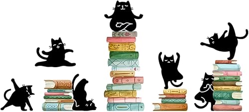 SUPERDANT Calcomanía de pared con temática de lectura, diseño de gatos negros en los libros, decoración artística para aula, biblioteca, guardería,