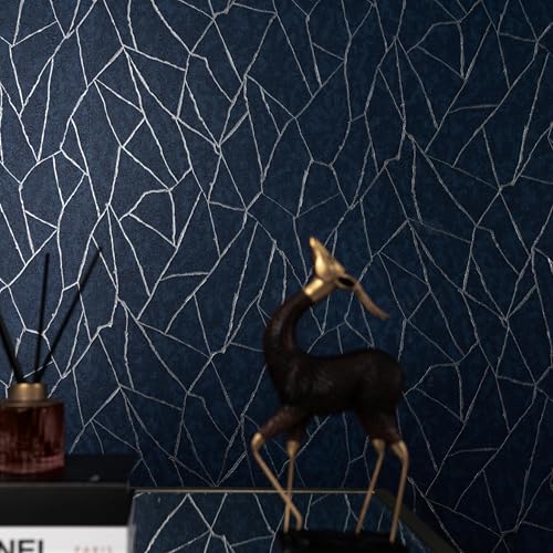Image of wolpin Non-Woven Wallpaper Non-Adhesive (53 x 950 CM) (Navy Blue) | Textured Geometric Abstract Wallpaper with Subtle Shine | Decorative Wall Covering for Home Interior (54.18 Sq Ft)
