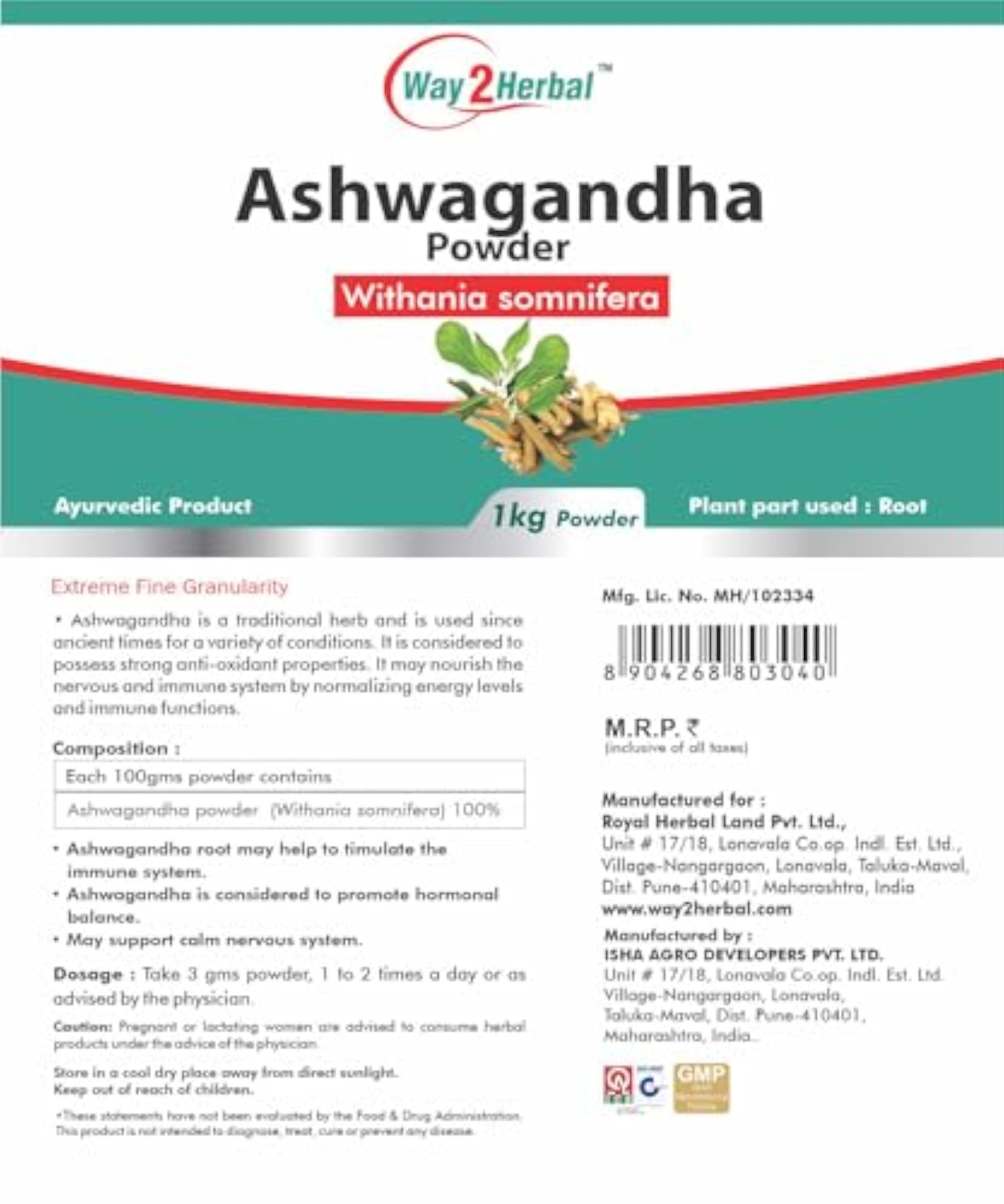 Ashwagandha Powder 1 Kg Pack, Stress Relief Supplement