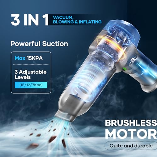Image of SakerPlus Mini Vacuum Cleaner, 3 in 1 Car Vacuum Cleaner High Power, 15000PA Powerful Suction, Air Duster, 7500mAh, Adjustable Small Vaccum Portable Cordless for Cars,Desktop,Home- Light Blue