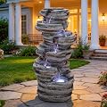 Ultym Extra-Large 6-Tier Outdoor Water Fountain with LED Lights, Cascading Rock Waterfall for Garden Patio Porch, Weather-Resistant Polyresin Water Feature for Tranquil Oasis