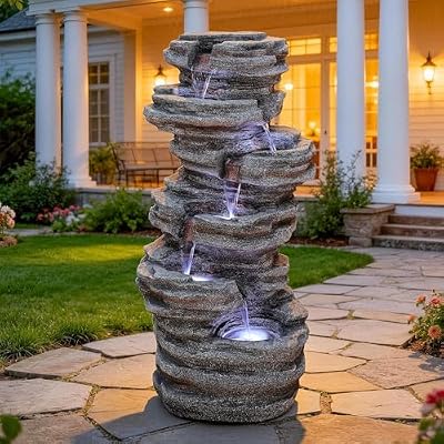 Ultym Extra-Large 6-Tier Outdoor Water Fountain with LED Lights, Cascading Rock Waterfall for Garden Patio Porch, Weather-Resistant Polyresin Water Feature for Tranquil Oasis