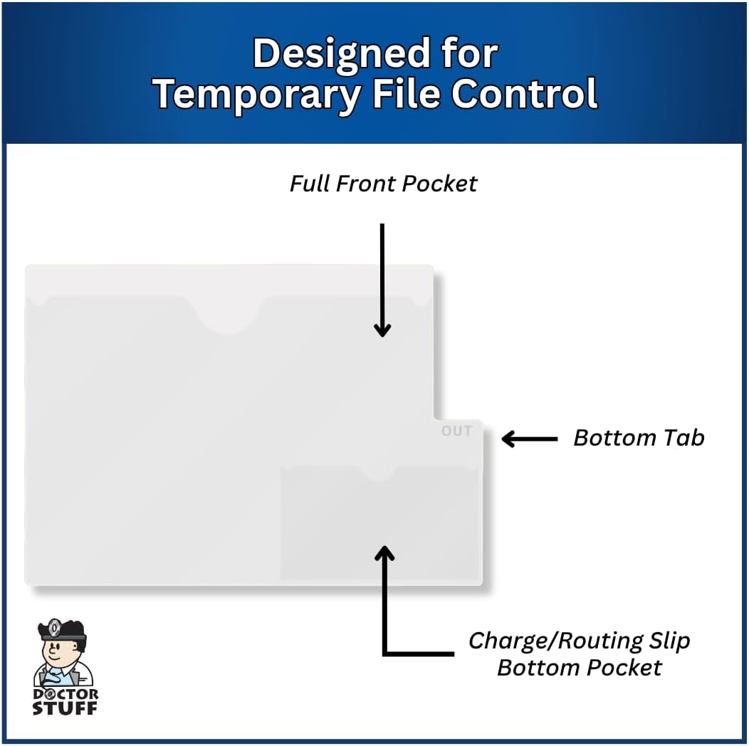 Doctor Stuff - Bottom Tab Vinyl Outguides, Full Front Pocket, Bottom Charge Out Slip Pocket, Plastic File Folder, Letter Size 9-1/2" x 12-3/4", White, 50/Box