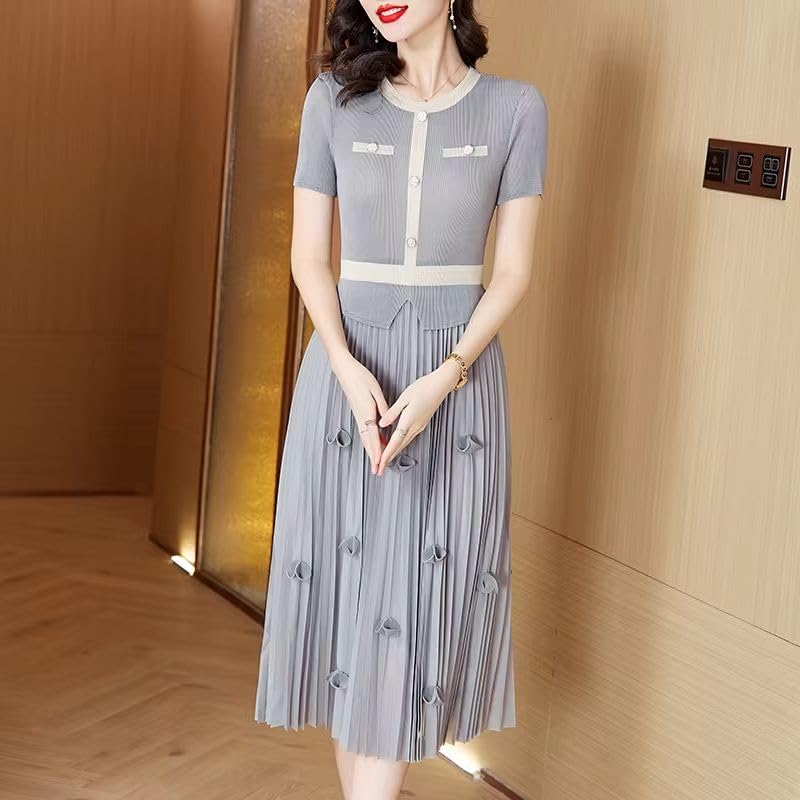 Robe vintage patchwork unique avec manches courtes et col rond doux