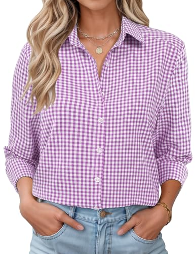 LOMON Women Lightweight Long Sleeve Plaid Shirt for Office Casual