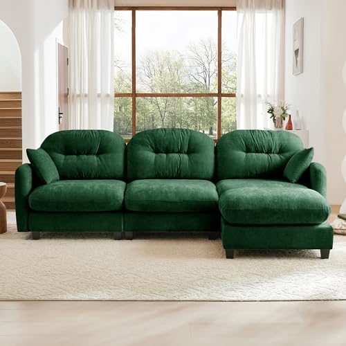 Image of KEIKI 107 inch L-Shaped Oversized Chenille Modular Sectional Sofa with 1 Ottoman, High-Density Foam Cushions, Tufted Pleated Cushion Backrest, Modern 3-Seater Couch with 2 Pillow, for Living Room, Green