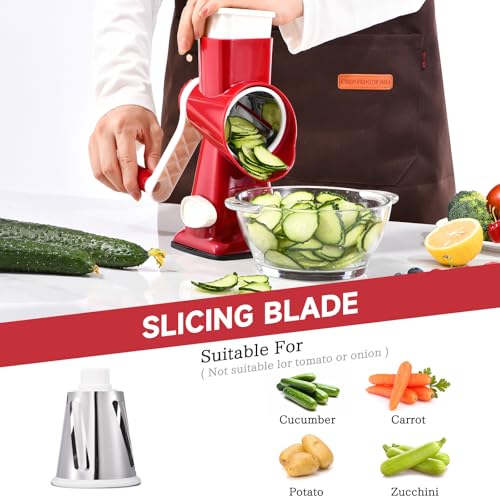 Image of Rotary Cheese Grater with Handle Kitchen Shredder Slicer Grater Slicer Ice Shaver Cheese Vegetable Nuts Potato Zucchini Chocolate 3 Interchangeable Blades (RedWhite)