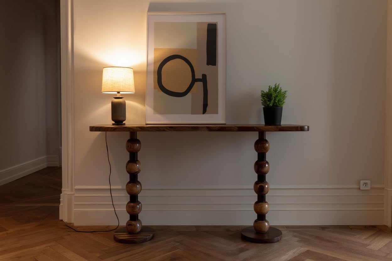 Solid Sheesham Wood Console Table for Living Room | Entryway Hallway Sofa & Fish Tank Table | Narrow Stand with Turned Ball Legs & Rounded Edge Top | Wooden Accent Furniture |Light Walnut-image-15