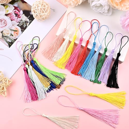 Image of NACHLYNN 120 Pcs Bookmark Tassels Bulk 13cm /5 Inch Silky Handmade Soft Craft Mini Tassels for Jewelry Keychain Making with Loops for Dress Decoration DIY Craft Accessory (20 Colors)