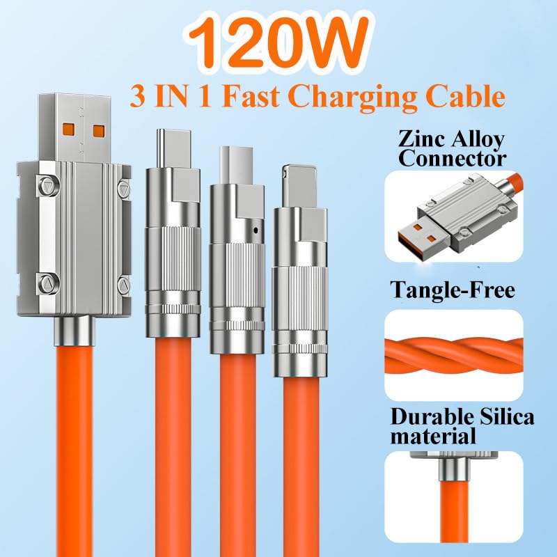 Image of 120W 3 in 1 Chubby Charging Cable 6.6FT Heavy Duty Charger Cord Chubby Charging Cable Zinc Alloy Soft Silicone Compatible with Cellphone Tablets,Fast Charging Cable for Home,Office,Car(Orange)