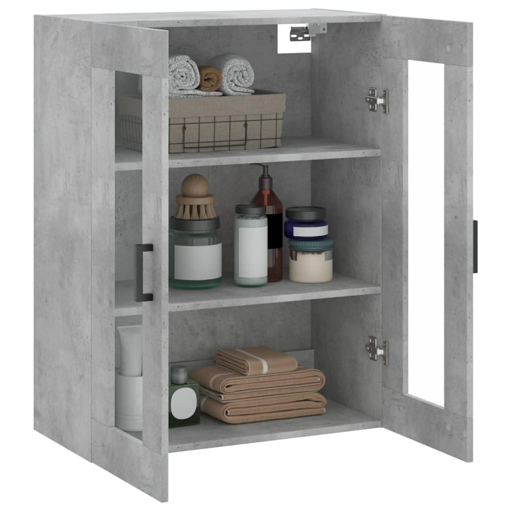 Wandschrank Betongrau 69,5x34x90 cm, Hängeschrank mit Glastüren aus Holzwerkstoff, Vitrinenschrank für Wohnzimmer Schlafzimmer und Büro, Moderner Schwebeschrank mit Griffen