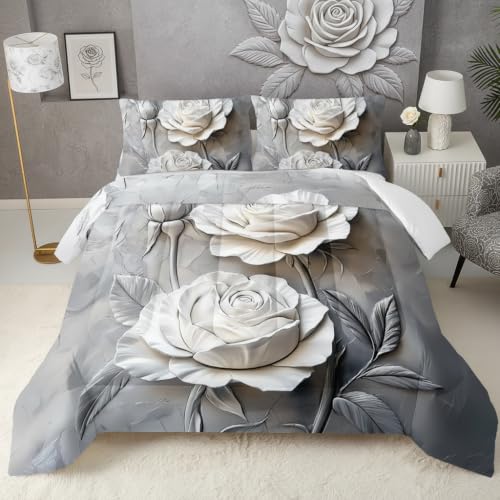 Image of QOOMO Flowers Comforter Set, Twin Size, Gray | Cartoon Plants Bedding, Microfiber Lightweight, 1 Comforter 2 Pillowcases