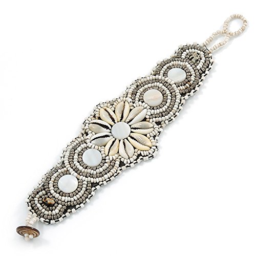 Bracelet fait main bohémien perles coquillages Avalaya blanc crème argent ajustable