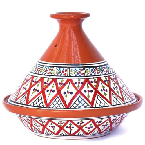 Kamsah Hand Made and Hand Painted Tagine Pot | Moroccan Ceramic Pots For Cooking and Stew Casserole Slow Cooker (Medium, Classic Bohemian Red)