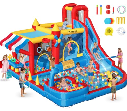 GYMMALL Château Gonflable 10-en-1 Enfants – Supermarché Simulé, Toboggan Aquatique, Pataugeoire, Long Toboggan, Trampoline, Souffleur 550W – Idéal...
