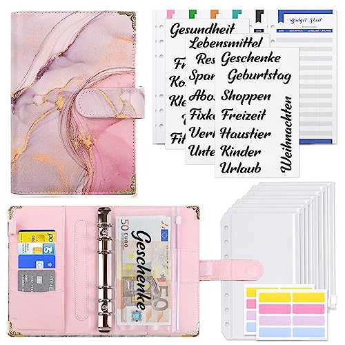 KONVINIT Budget Planner A6 Budget Binder,Budgetplaner mit Folien Deutsch,Ringbuch Finanzplaner mit Geldumschläge,Budgetsheets und Kategorien-Etiketten,Um Geld Sparen,Money organizer,rosa