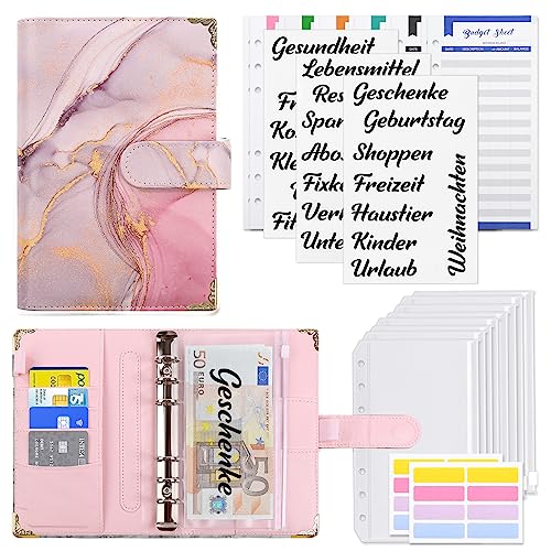 KONVINIT Budget Planner A6 Budget Binder,Budgetplaner mit Folien Deutsch,Ringbuch Finanzplaner mit Geldumschläge,Budgetsheets und Kategorien-Etiketten,Um Geld Sparen,Money organizer,pink