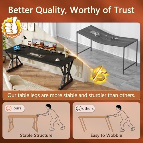 Image of 63 inch Large Computer Desk with Thickened Frame for Home Office, Living Room | Modern Simple Executive Desk, Larger Gaming Desk with X-Shaped ReInchforcement, Black
