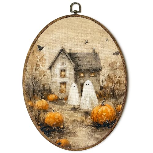 FSTCSV Vintage Halloween Ghost Oval Wall Art Framed, Spooky Ghost Pumpkin Canvas Prints Wall Hanging Art, Rustic Farmhouse Country Fall Halloween Oval Walls Decor for Home Bedroom, 8.8x11.5in