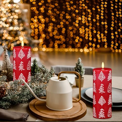 Image of Wondise Christmas Flameless Candles with 6hrs Timer, Christmas Tree Battery Operated Flickering Red Candles with 3D Wick Real Wax LED Candles for Christmas Holiday Indoor Decoration(2.6 inchx7.8 inch)