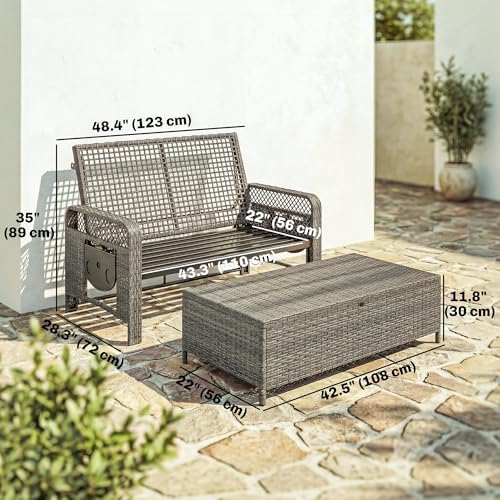 Outsunny 2 Pieces Patio Lounge Chair Set with Cushions, PE Wicker Outdoor Chaise Lounge with Adjustable Backrest, Side Trays and Storage Ottoman, Tanning Chair, Light Grey