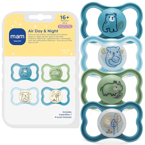Image of MAM Air Pacifier for Babies 6-16 Months, Extra Air Flow for Sensitive Skin, Glows in The Dark, Developed with Medical Experts, BPA-Free Skin Soft Silicone, 4 Count, Made in Europe