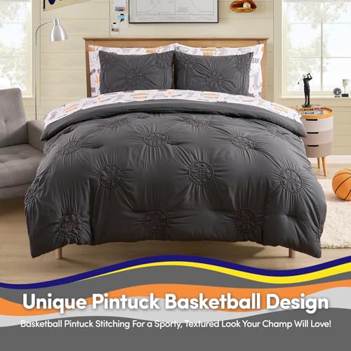 Image of Basketball Pintuck Comforter Set Full Size - Bed in a Bag with Sheets, Pillowcases & Shams - Soft Stylish Sports Bedding - All Season Boys Basketball Bed Set
