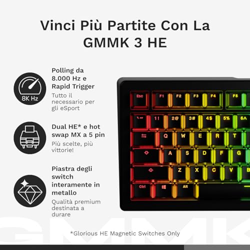 Glorious Gaming GMMK 3 tastiera Rapid Trigger, Hall Effect, polling 8K, switch magnetici e meccanici MX, tastiera 75% hot swap, guarnizioni modulari, Doubleshot Keycaps in PBT, QWERTY USA - Nero - Tastiera gaming - Immagine 3