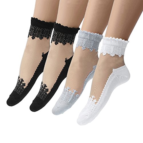 hikong Lot de 4 paires de chaussettes courtes en dentelle transparente pour femme - Noir, e, taille unique grande taille Cover