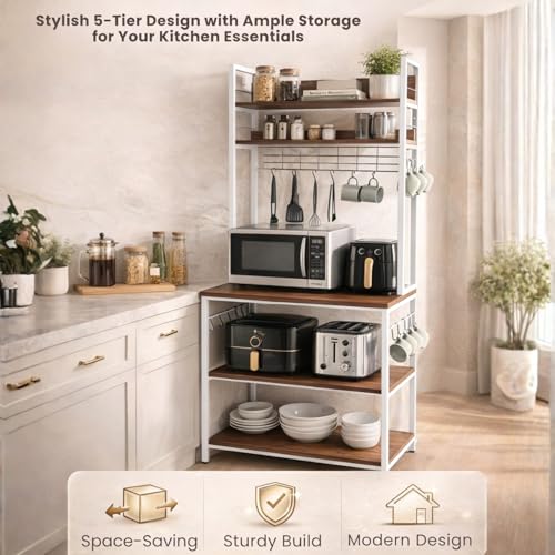 Image of wow craft 5-Tier Storage Rack with White Frame | Multipurpose Kitchen Microwave Stand, Bookshelf & Office Organizer | Heavy Duty Metal Frame Shelf, Space Saving Rack, Easy Assembly